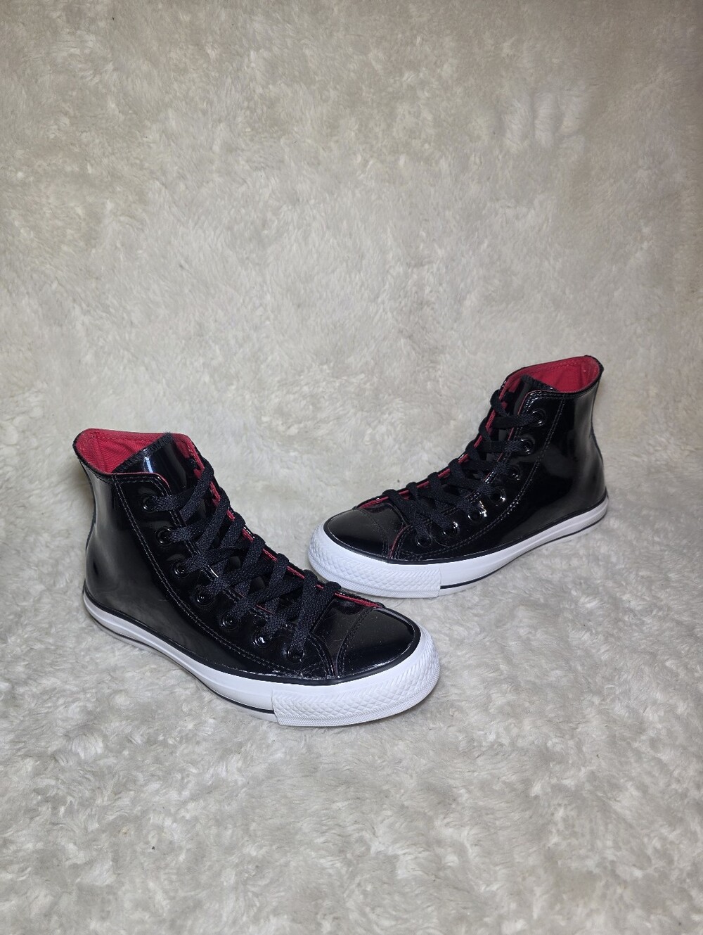 Converse Chuck Taylor All Star Hi Black Patent Leather Red Lining Shoes Womens 6